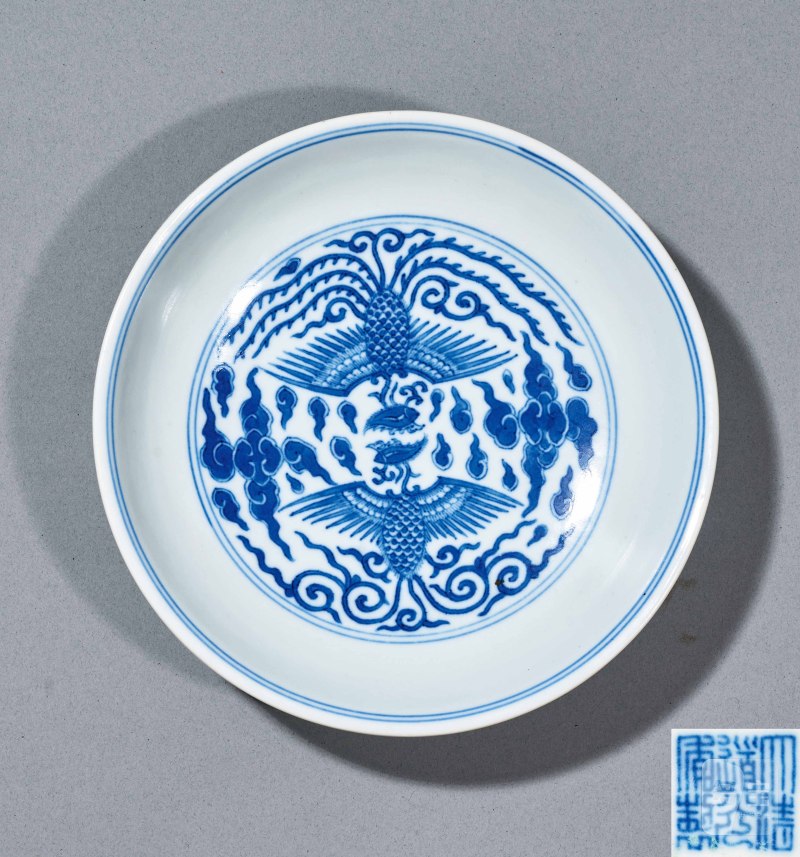清道光 青花对头凤纹盘